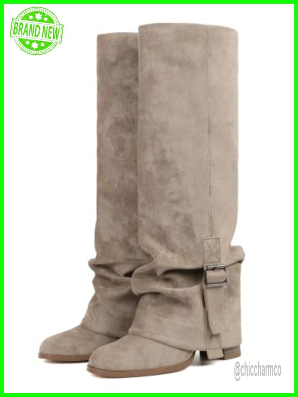 Suede Knee High Fold Over Boots Block Heel Half Zip Slouchy